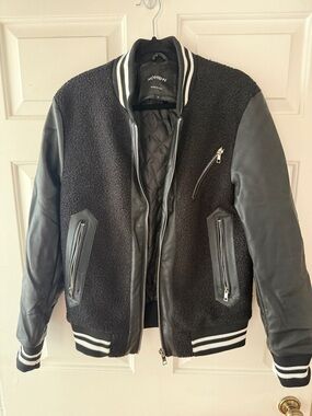 Black Sherpa Bomber Jacket with Leather Sleeves
